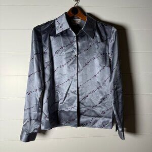 Due per Due Collection Vintage 100% Silk Blouse Size 8 Blue Gray with Purple